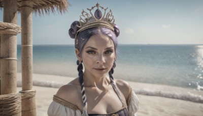 1girl,solo,long hair,breasts,looking at viewer,smile,black hair,dress,cleavage,bare shoulders,brown eyes,jewelry,medium breasts,closed mouth,collarbone,upper body,purple hair,braid,earrings,outdoors,sky,day,water,hair bun,twin braids,lips,double bun,ocean,beach,tiara,crown,realistic,sand,pillar,tree,sunlight,portrait,horizon