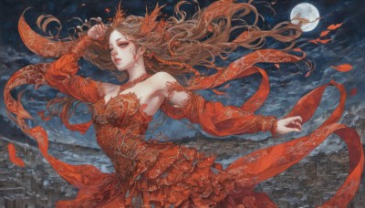 1girl,solo,long hair,breasts,brown hair,hair ornament,long sleeves,dress,bare shoulders,jewelry,medium breasts,earrings,outdoors,frills,parted lips,detached sleeves,one eye closed,sky,cloud,hand up,armpits,necklace,arm up,lips,strapless,makeup,night,floating hair,moon,red dress,wind,night sky,strapless dress,red nails,full moon,eyeshadow,shawl,red lips,rooftop,cleavage,braid,lipstick,building,city,cityscape,castle,orange dress