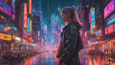 1girl, solo, long hair, jacket, ponytail, pink hair, outdoors, hood, night, hood down, ground vehicle, building, scenery, motor vehicle, reflection, rain, city, sign, realistic, car, road, street, city lights, cyberpunk, neon lights