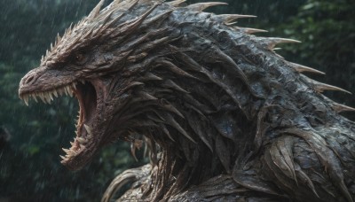 solo,open mouth,red eyes,outdoors,teeth,tongue,water,blurry,from side,tree,no humans,blurry background,fangs,sharp teeth,nature,claws,rain,monster,scales,kaijuu,horns,spikes,realistic,dragon