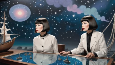 short hair,bangs,multiple girls,shirt,black hair,long sleeves,2girls,sitting,closed mouth,jacket,upper body,outdoors,sky,collared shirt,cloud,blunt bangs,water,star (symbol),looking at another,black eyes,lips,coat,black shirt,makeup,night,moon,bob cut,white jacket,lipstick,rope,star (sky),night sky,starry sky,white coat,red lips,space,watercraft,planet,ship,boat,blush,ocean,parody,labcoat