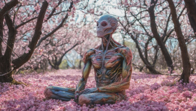 solo, 1boy, sitting, flower, male focus, outdoors, tree, cherry blossoms, realistic, indian style, flower field