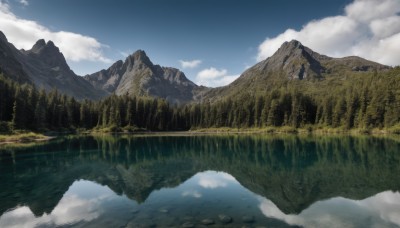 outdoors,sky,day,cloud,water,tree,blue sky,no humans,cloudy sky,grass,nature,scenery,forest,reflection,mountain,river,landscape,lake,reflective water