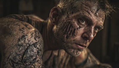 solo,looking at viewer,short hair,blonde hair,1boy,brown eyes,closed mouth,upper body,male focus,dark skin,blurry,tattoo,blurry background,facial hair,scar,dark-skinned male,portrait,beard,realistic,brown hair,muscular,tank top,very short hair,manly