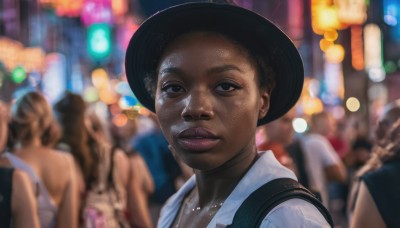 looking at viewer,short hair,multiple girls,shirt,black hair,1boy,hat,brown eyes,jewelry,white shirt,upper body,male focus,outdoors,parted lips,solo focus,dark skin,necklace,bag,blurry,black eyes,dark-skinned female,lips,black headwear,depth of field,blurry background,freckles,realistic,nose,crowd,very dark skin,people,1girl,nude,multiple boys,night,6+girls,dark-skinned male,backpack,portrait,afro