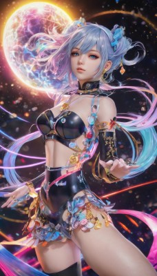 1girl,solo,long hair,breasts,looking at viewer,bangs,blue eyes,hair ornament,thighhighs,cleavage,bare shoulders,twintails,jewelry,medium breasts,underwear,blue hair,standing,multicolored hair,cowboy shot,hairband,earrings,parted lips,detached sleeves,choker,midriff,shiny,black thighhighs,necklace,nail polish,bracelet,leotard,lips,detached collar,floating hair,moon,ring,black bra,single thighhigh,realistic,nose,gloves,very long hair,closed mouth,swimsuit,pink hair,elbow gloves,artist name,bra,gradient hair,watermark,black leotard,full moon,planet