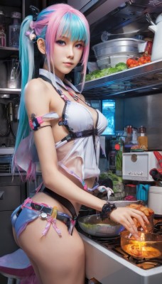 1girl,solo,long hair,breasts,looking at viewer,bangs,blue eyes,hair ornament,holding,cleavage,bare shoulders,twintails,jewelry,medium breasts,blue hair,standing,swimsuit,ponytail,pink hair,ass,bikini,multicolored hair,cowboy shot,earrings,small breasts,parted lips,food,shorts,belt,indoors,nail polish,bracelet,from side,two-tone hair,cup,lips,fingernails,see-through,short shorts,aqua hair,gradient hair,makeup,fruit,piercing,scrunchie,bottle,knife,plate,long fingernails,bowl,chopsticks,pink lips,stool,cooking,kitchen,jar,mascara,vegetable,counter,refrigerator,stove,cutting board,shirt,bow,closed mouth,hair bow,sidelocks,thighs,artist name,streaked hair,torn clothes,eyelashes,watermark,white bikini,fire,plant,pink bow,pink nails,realistic,apple,bikini under clothes,wrist scrunchie,arm strap,micro shorts,shelf,tomato,frying pan,pink scrunchie,kettle,onion