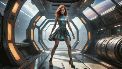 HQ,1girl,solo,long hair,looking at viewer,blue eyes,brown hair,dress,bare shoulders,jewelry,standing,sleeveless,orange hair,high heels,bracelet,lips,tattoo,sleeveless dress,blue dress,short dress,reflection,science fiction,realistic,android,space,planet,cyborg,spacecraft,full body,robot,joints,robot joints