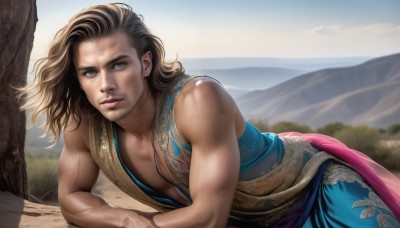 HQ,1girl,solo,long hair,looking at viewer,blue eyes,brown hair,1boy,jewelry,male focus,earrings,outdoors,lying,sky,sleeveless,day,blurry,tree,lips,muscular,mountain,realistic,nose,dirty,on side