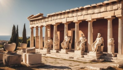 sitting,outdoors,sky,day,water,tree,no humans,scenery,bowl,robe,ruins,pillar,statue,column,cloud,blue sky,ocean,sunlight,plant,sun,horizon,bush