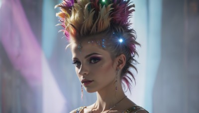 1girl,solo,looking at viewer,smile,short hair,blonde hair,hair ornament,jewelry,green eyes,collarbone,pink hair,multicolored hair,earrings,parted lips,teeth,necklace,mole,blurry,lips,eyelashes,mole under eye,makeup,depth of field,blurry background,feathers,lipstick,gem,portrait,eyeshadow,realistic,nose,red lips,eyeliner,mascara,blue eyes,brown hair,hair flower,sparkle,beads,feather hair ornament