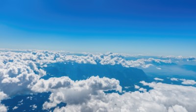 monochrome,outdoors,sky,day,cloud,blue sky,no humans,cloudy sky,nature,scenery,blue theme,mountain,horizon,landscape,above clouds,bird,ocean