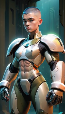 1girl,solo,breasts,looking at viewer,short hair,brown eyes,standing,grey hair,thighs,cowboy shot,dark skin,armor,mole,dark-skinned female,lips,mole under eye,bodysuit,muscular,scar,abs,shoulder armor,gauntlets,genderswap,genderswap (mtf),freckles,science fiction,pauldrons,breastplate,nose,muscular female,very short hair,undercut,power armor,mohawk,buzz cut,boobplate,black hair,closed mouth,black eyes,realistic