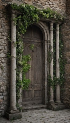 outdoors,day,no humans,leaf,plant,scenery,stairs,wall,ruins,vines,pillar,arch,moss,overgrown,column,stone floor,tree,door,bush,architecture,brick wall,gate,pavement,stone wall,brick floor,ivy