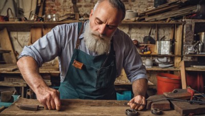 solo,short hair,shirt,black hair,1boy,closed mouth,closed eyes,white shirt,upper body,white hair,grey hair,male focus,collared shirt,indoors,blurry,apron,blurry background,facial hair,scar,knife,beard,sleeves rolled up,realistic,mustache,bald,manly,old,old man,arm hair,counter,wrinkled skin,facing viewer,sleeves pushed up,cutting board