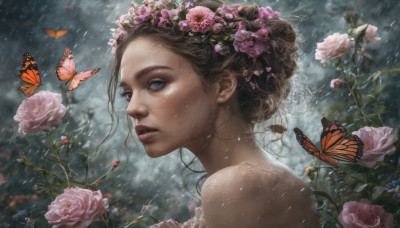 1girl, solo, looking at viewer, blue eyes, brown hair, hair ornament, bare shoulders, flower, parted lips, hair flower, hair bun, lips, wet, rose, single hair bun, bug, butterfly, pink flower, rain, realistic, nose