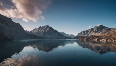 outdoors,sky,day,cloud,water,blue sky,no humans,cloudy sky,nature,scenery,reflection,mountain,river,landscape,mountainous horizon,lake,reflective water