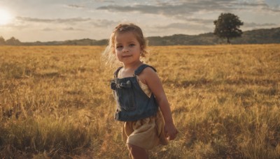 1girl,solo,looking at viewer,smile,short hair,blue eyes,blonde hair,dress,standing,outdoors,parted lips,sky,sleeveless,cloud,vest,tree,bare arms,cloudy sky,child,scenery,mountain,realistic,sun,female child,overalls,field,mountainous horizon,bag