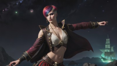 1girl,solo,breasts,short hair,large breasts,navel,cleavage,jewelry,medium breasts,collarbone,jacket,pink hair,red hair,multicolored hair,earrings,outdoors,parted lips,open clothes,sky,midriff,belt,necklace,two-tone hair,open jacket,lips,makeup,night,piercing,moon,lipstick,star (sky),night sky,starry sky,nose,scar,skull,watercraft,ship