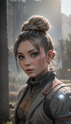 1girl,solo,breasts,looking at viewer,short hair,brown hair,brown eyes,jewelry,jacket,upper body,earrings,outdoors,parted lips,teeth,artist name,hair bun,blurry,black eyes,vest,tree,lips,grey eyes,blurry background,piercing,single hair bun,forehead,freckles,science fiction,realistic,nose,stud earrings,dirty,blush,bangs,black hair,eyelashes,depth of field,turtleneck,zipper,backlighting