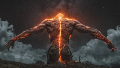 solo,1boy,standing,male focus,nude,outdoors,sky,cloud,from behind,no humans,muscular,night,glowing,cloudy sky,outstretched arms,muscular male,star (sky),night sky,glowing eyes,smoke,starry sky,monster,spread arms,giant,extra arms,tree,fire