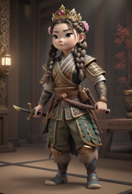 1girl,solo,long hair,looking at viewer,brown hair,hair ornament,long sleeves,holding,twintails,brown eyes,jewelry,closed mouth,standing,full body,weapon,braid,flower,earrings,boots,pants,sword,indoors,hair flower,holding weapon,armor,black eyes,twin braids,sash,tiara,crown,knife,sheath,child,pouch,female child,holding knife,dagger,artist name,lips,blurry background,shadow,holding sword,shoulder armor,dual wielding,holding dagger