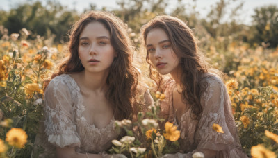 long hair, breasts, multiple girls, brown hair, dress, 2girls, cleavage, upper body, flower, outdoors, parted lips, blurry, lips, depth of field, blurry background, wavy hair, realistic, yellow flower