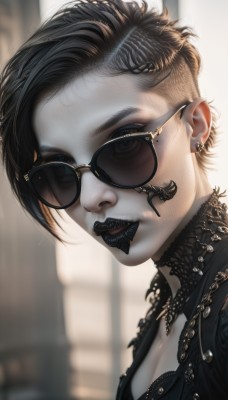 1girl,solo,breasts,looking at viewer,short hair,black hair,cleavage,jewelry,medium breasts,closed mouth,upper body,earrings,glasses,choker,artist name,blurry,black eyes,lips,eyelashes,makeup,depth of field,blurry background,black choker,piercing,sunglasses,lipstick,ear piercing,pale skin,portrait,black-framed eyewear,realistic,nose,undercut,mascara,gothic,black lips,aviator sunglasses,necklace,mole,mole under eye,tattoo