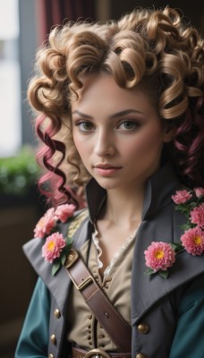 1girl,solo,long hair,looking at viewer,blonde hair,brown hair,shirt,brown eyes,closed mouth,collarbone,jacket,upper body,flower,multicolored hair,open clothes,day,belt,signature,blurry,two-tone hair,open jacket,lips,coat,eyelashes,window,buttons,depth of field,blurry background,wavy hair,floral print,curtains,blue jacket,buckle,pink flower,freckles,curly hair,belt buckle,realistic,nose,strap,blue coat,denim jacket