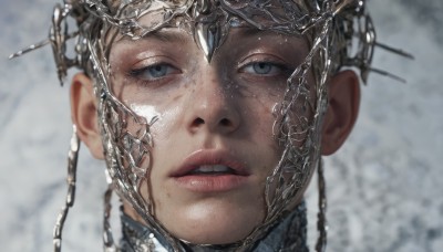 1girl,solo,looking at viewer,short hair,open mouth,blue eyes,brown hair,parted lips,teeth,blurry,lips,grey eyes,blurry background,upper teeth only,looking up,portrait,close-up,freckles,realistic,hair ornament,eyelashes,headpiece