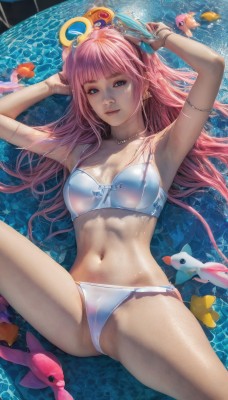 1girl,solo,long hair,breasts,looking at viewer,smile,bangs,blue eyes,navel,jewelry,medium breasts,swimsuit,pink hair,bikini,thighs,earrings,lying,parted lips,shiny,spread legs,blunt bangs,on back,armpits,water,necklace,stomach,nail polish,arms up,bracelet,lips,wet,shiny skin,white bikini,blue nails,fish,realistic,caustics,hair ornament,armlet,pool