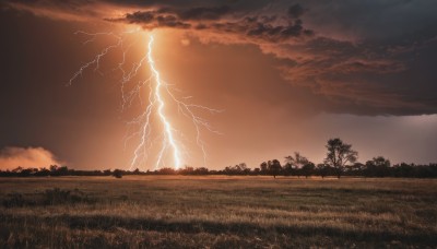 outdoors,sky,cloud,tree,no humans,cloudy sky,grass,nature,scenery,sunset,electricity,lightning,red sky,field,landscape