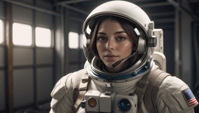 1girl,solo,looking at viewer,short hair,brown hair,brown eyes,closed mouth,upper body,indoors,signature,blurry,lips,blurry background,helmet,portrait,headset,realistic,nose,american flag,spacesuit,japanese flag,space helmet,astronaut,black hair,thick eyebrows,reflection,space