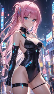 1girl,solo,long hair,breasts,looking at viewer,blush,bangs,blue eyes,large breasts,hair ornament,long sleeves,cleavage,bare shoulders,medium breasts,standing,hair ribbon,pink hair,ahoge,sidelocks,thighs,cowboy shot,outdoors,parted lips,detached sleeves,sky,solo focus,hairclip,water,nail polish,leotard,groin,wet,covered navel,skindentation,thigh strap,night,one side up,highleg,building,night sky,black leotard,skin tight,highleg leotard,city,latex,very long hair,closed mouth,ponytail,multicolored hair,streaked hair,clothing cutout,cleavage cutout,car,cityscape,skyscraper