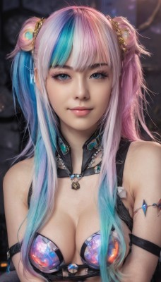 1girl,solo,long hair,breasts,looking at viewer,smile,bangs,blue eyes,hair ornament,cleavage,bare shoulders,twintails,jewelry,medium breasts,closed mouth,blue hair,upper body,pink hair,multicolored hair,artist name,necklace,blurry,two-tone hair,two side up,lips,streaked hair,eyelashes,aqua hair,makeup,blurry background,gem,armlet,freckles,realistic,nose,arm strap,white hair,hair bun,double bun,gradient hair