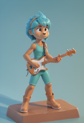 solo,smile,short hair,simple background,shirt,1boy,holding,brown eyes,blue hair,standing,collarbone,full body,male focus,hairband,boots,shorts,sleeveless,black eyes,blue background,brown footwear,thick eyebrows,tank top,instrument,furry,personification,music,guitar,male child,playing instrument,holding instrument,animal ears,dark skin,vest,faux figurine