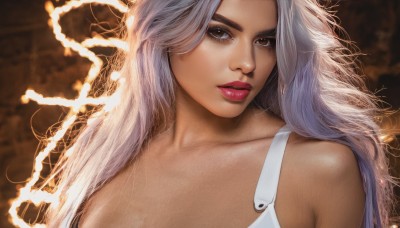 1girl,solo,long hair,looking at viewer,bare shoulders,brown eyes,collarbone,upper body,white hair,parted lips,lips,eyelashes,makeup,lipstick,portrait,realistic,nose,underwear,grey hair,teeth,bra,red lips,electricity,lightning