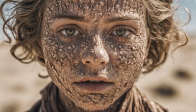 1girl,solo,looking at viewer,short hair,brown hair,brown eyes,closed mouth,outdoors,parted lips,day,blurry,lips,depth of field,blurry background,portrait,close-up,realistic,dirty,eyelashes,floating hair,wind,straight-on,debris,dirty face