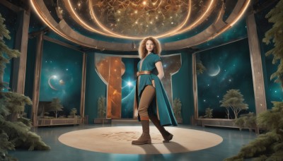 1girl,solo,long hair,breasts,looking at viewer,smile,brown hair,dress,brown eyes,jewelry,standing,full body,short sleeves,boots,sky,belt,pants,indoors,star (symbol),tree,window,night,blue dress,brown footwear,arms behind back,moon,knee boots,plant,star (sky),night sky,scenery,starry sky,reflection,arm behind back,space,brown pants,crescent moon,planet,constellation,water,lips,shadow,walking,wide shot