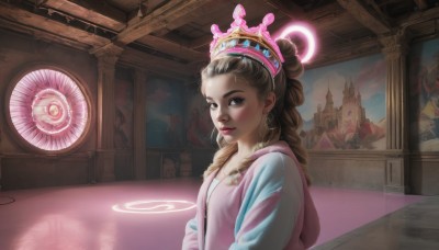 1girl,solo,long hair,looking at viewer,blonde hair,brown hair,brown eyes,jewelry,closed mouth,jacket,upper body,earrings,indoors,dark skin,hood,necklace,dark-skinned female,lips,hoodie,makeup,halo,drill hair,hood down,crown,lipstick,curly hair,realistic,nose,clock,pink jacket,pink hoodie,breasts,blush,braid,sky,day,cloud,signature,table