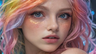 1girl,solo,long hair,looking at viewer,blue eyes,blonde hair,pink hair,multicolored hair,parted lips,teeth,lips,eyelashes,portrait,close-up,freckles,realistic,nose,bare shoulders,orange hair,gradient hair