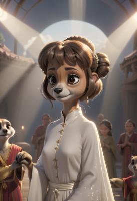 1girl,smile,short hair,multiple girls,brown hair,hair ornament,long sleeves,dress,brown eyes,jewelry,closed mouth,standing,earrings,multiple boys,solo focus,indoors,wide sleeves,hair bun,blurry,sash,blurry background,holding hands,chinese clothes,sunlight,single hair bun,own hands together,furry,dog,robe,furry female,candle,old,statue,old woman,2girls,braid,day,3girls,freckles,light rays,architecture