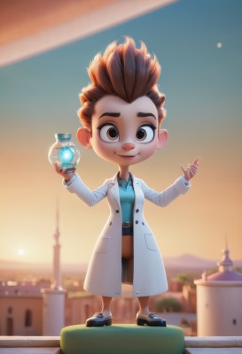 1girl,solo,looking at viewer,smile,short hair,skirt,brown hair,shirt,long sleeves,holding,brown eyes,closed mouth,standing,full body,outdoors,sky,shoes,belt,chibi,black footwear,blurry,blurry background,thick eyebrows,bottle,blue shirt,building,sunset,labcoat,flask,necktie,pants,artist name,lips,backlighting