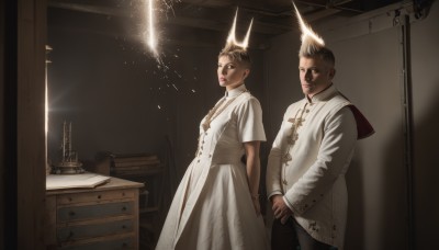 1girl,short hair,blonde hair,brown hair,black hair,long sleeves,1boy,dress,brown eyes,jewelry,closed mouth,standing,short sleeves,indoors,white dress,lips,holding hands,facial hair,cross,crown,robe,light,priest,male focus,multiple boys,2boys,siblings,mohawk