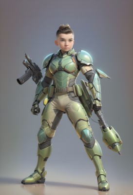 1girl,solo,looking at viewer,short hair,brown hair,gloves,holding,brown eyes,green eyes,standing,full body,weapon,boots,holding weapon,armor,lips,gun,bodysuit,shoulder armor,holding gun,rifle,reflection,science fiction,pouch,breastplate,assault rifle,knee pads,undercut,power armor,reflective floor,realistic