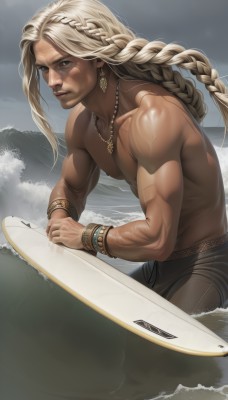 solo,long hair,looking at viewer,blue eyes,blonde hair,1boy,holding,jewelry,closed mouth,braid,male focus,earrings,outdoors,dark skin,water,necklace,bracelet,lips,single braid,muscular,ocean,scar,beach,dark-skinned male,muscular male,veins,topless male,realistic,nose,manly,waves,surfboard,white hair,sky,cloud,tattoo,piercing,pectorals,mountain,multiple braids