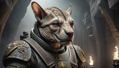 solo,1boy,animal ears,brown eyes,upper body,male focus,indoors,armor,no humans,animal,helmet,shoulder armor,furry,1other,pauldrons,breastplate,mouse ears,fantasy,candle,furry male,mouse,whiskers,chainmail,smile,horns,teeth,fire,realistic