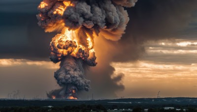 outdoors,sky,cloud,no humans,ocean,cloudy sky,fire,scenery,smoke,sunset,fantasy,horizon,giant,burning,standing,1other,monster