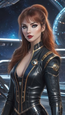 1girl,solo,long hair,breasts,looking at viewer,brown hair,cleavage,brown eyes,jewelry,medium breasts,upper body,ponytail,earrings,parted lips,lips,bodysuit,makeup,lipstick,eyeshadow,zipper,freckles,science fiction,realistic,black bodysuit,red lips,eyeliner,space,bangs,large breasts,artist name,star (sky)