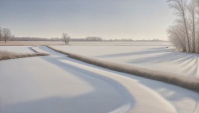 HQ,outdoors,sky,day,water,tree,blue sky,no humans,shadow,grass,building,scenery,snow,mountain,sand,road,bare tree,river,landscape,desert,cloud,nature,forest,realistic,winter